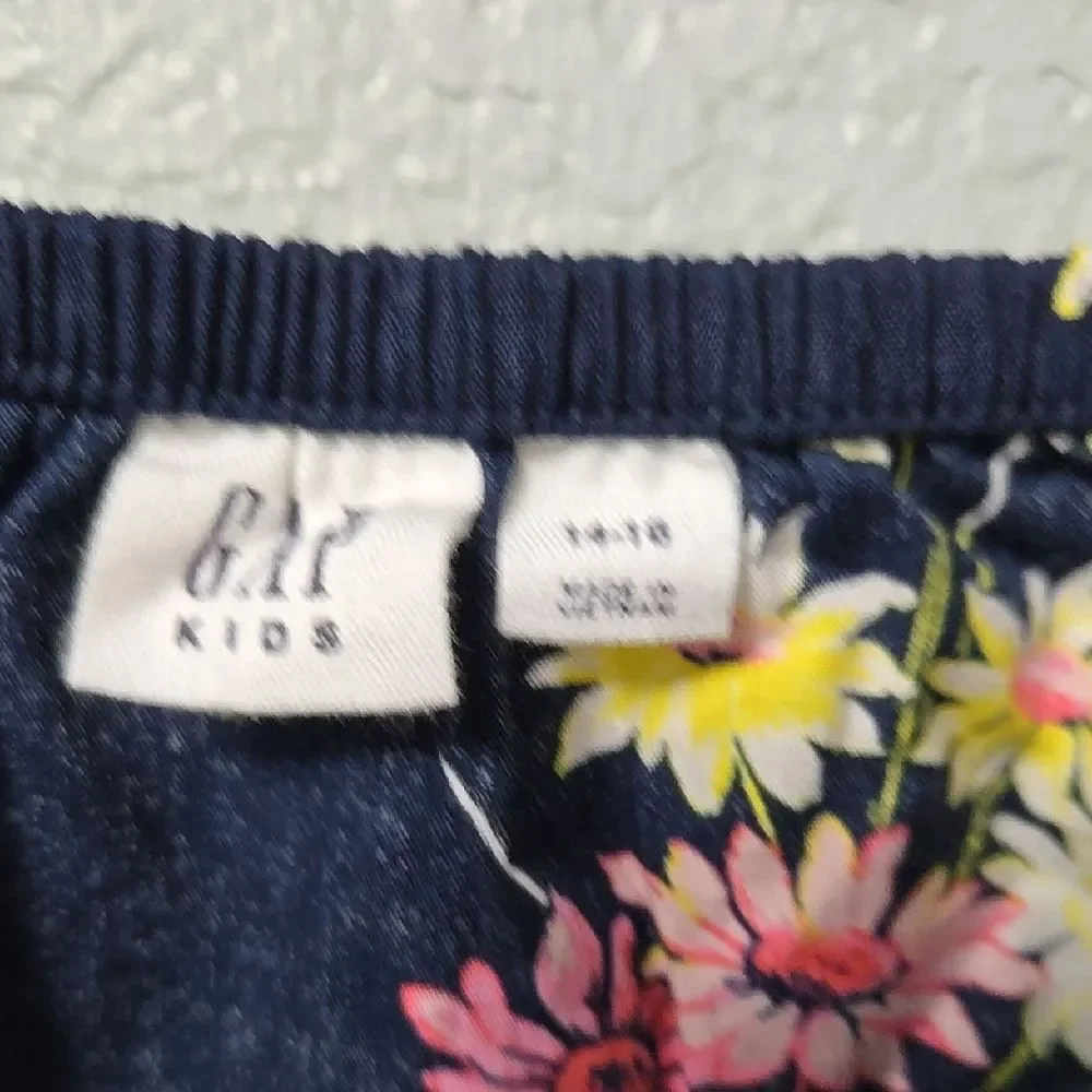 Gap Girls Floral Puff Sleeve Chambray Romper XL 14/16 Navy Bow Pockets Summer